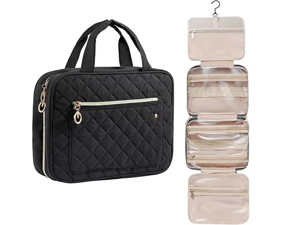 Practical Design: Elastic straps in main pockets hold bottles upright; Transparent pocket windows provide clear overview of items inside.
Sturdy 360-Degree Metal Swivel Hook: This retractable and non-slip hanging hook meets your multiple hanging options.